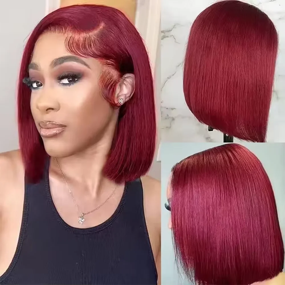 Perruques bob droites bordeaux 99J, sans colle, en cheveux humains avec dentelle frontale 13x4, pour femmes, couleur rouge Alizée – Image 2