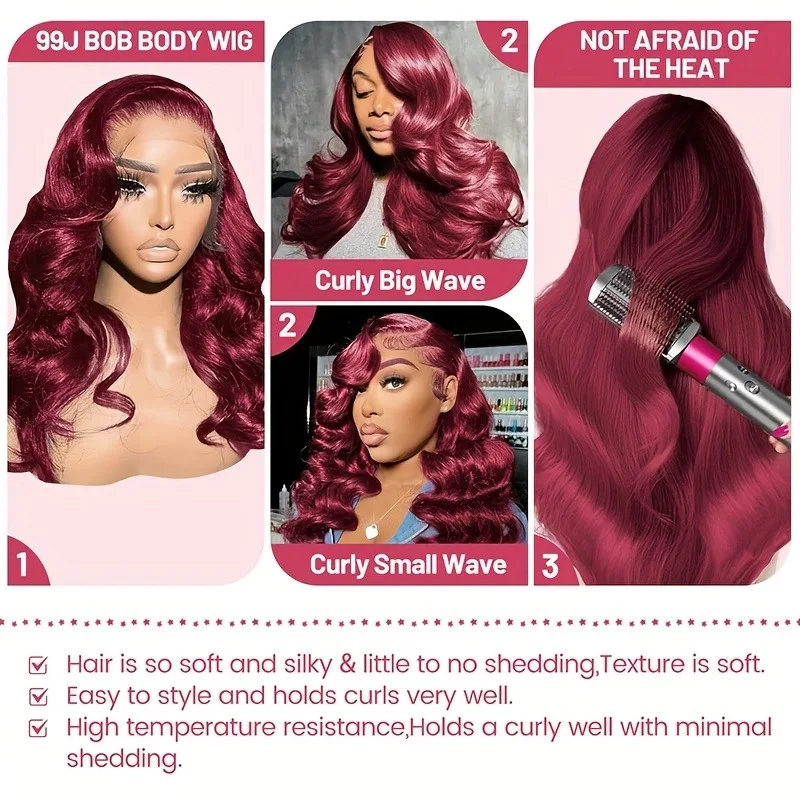 Perruques Body Wave Lace Front 99j Bourgogne en Cheveux Humains, 220% Densité 13x4, pour Femmes Aya – Image 2