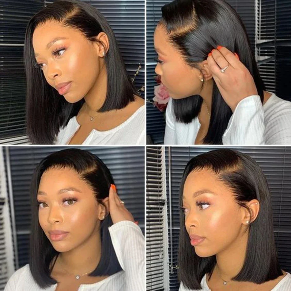 Perruque Lisse Sans Colle En Cheveux Humains Brésiliens Coupe Bob Dentelle Pré-Découpée 13x4 5x7 Prêtes à Porter Densité 220% Couleur Noire Ambre – Image 3