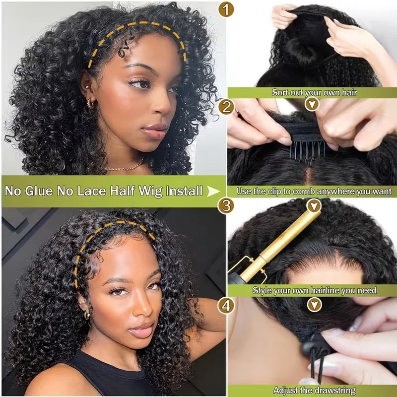 3 en 1 demi perruque débutante sans colle cheveux humains frisés noirs avec cordon de serrage 180 200 densité Anita – Image 4