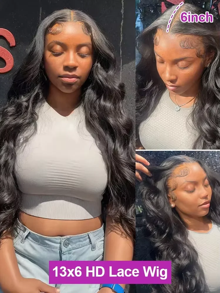 Perruque noire ondulée en cheveux humains 200 densité 13x6 HD femme 30 40 pouces brésilienne – Image 5