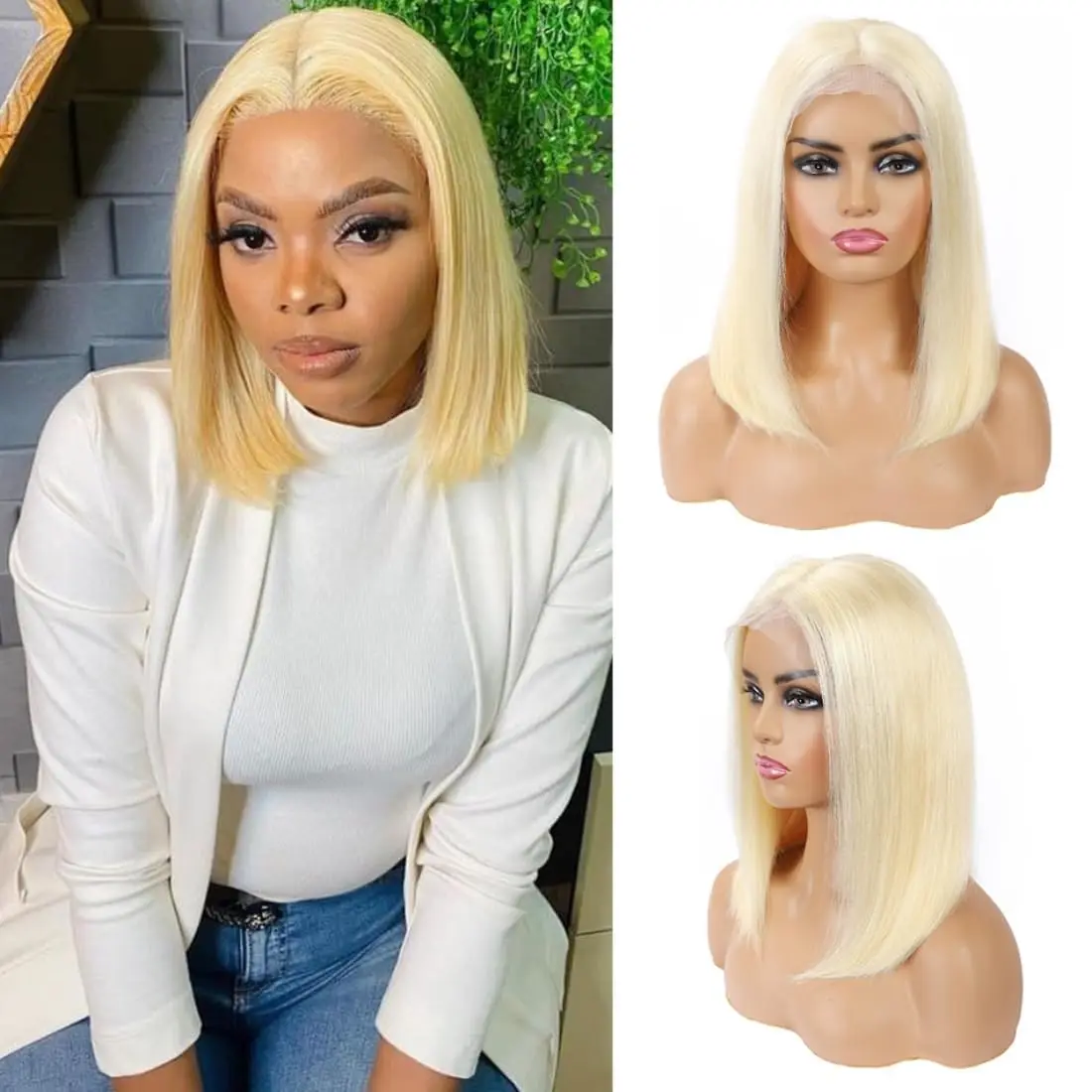 Perruques Courte Blonde 613 Bob de 8 à 14 Pouces en Cheveux Humains avec Dentelle Frontale pour Femmes, Densité 200, Carrie – Image 7
