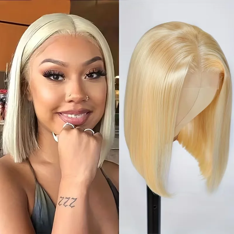 Perruques Courte Blonde 613 Bob de 8 à 14 Pouces en Cheveux Humains avec Dentelle Frontale pour Femmes, Densité 200, Carrie