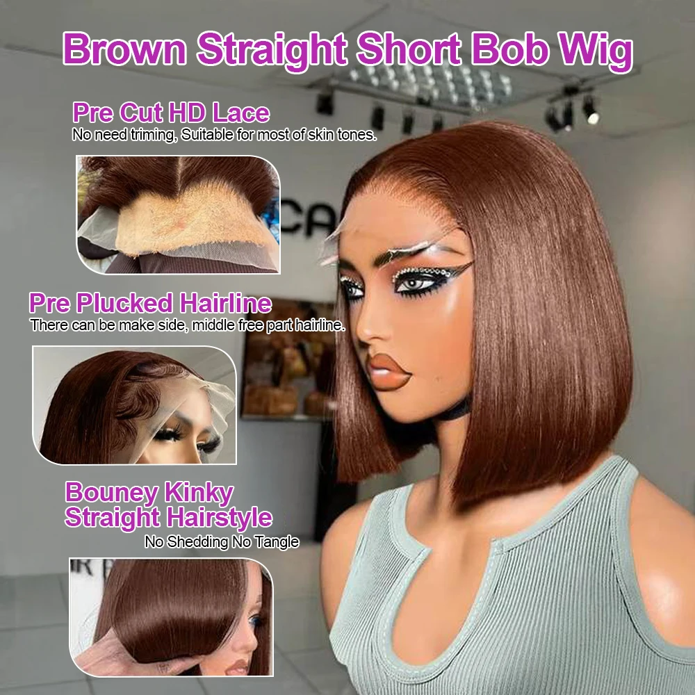 Perruque Lace Front Bob courte, lisse et soyeuse vietnamienne, cheveux naturels brun chocolat, sans colle, tressée, Hd, pour femmes Anastasia – Image 5