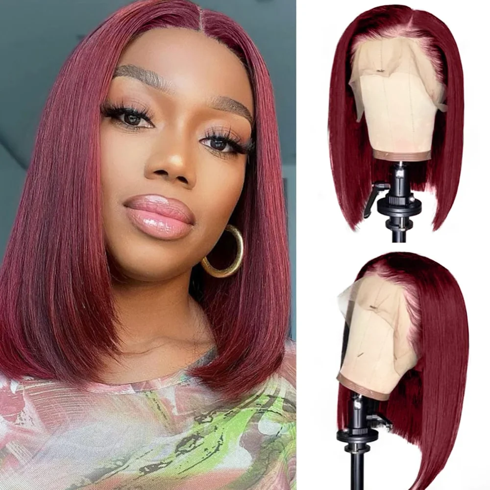 Perruques bob droites bordeaux 99J, sans colle, en cheveux humains avec dentelle frontale 13x4, pour femmes, couleur rouge Alizée – Image 5