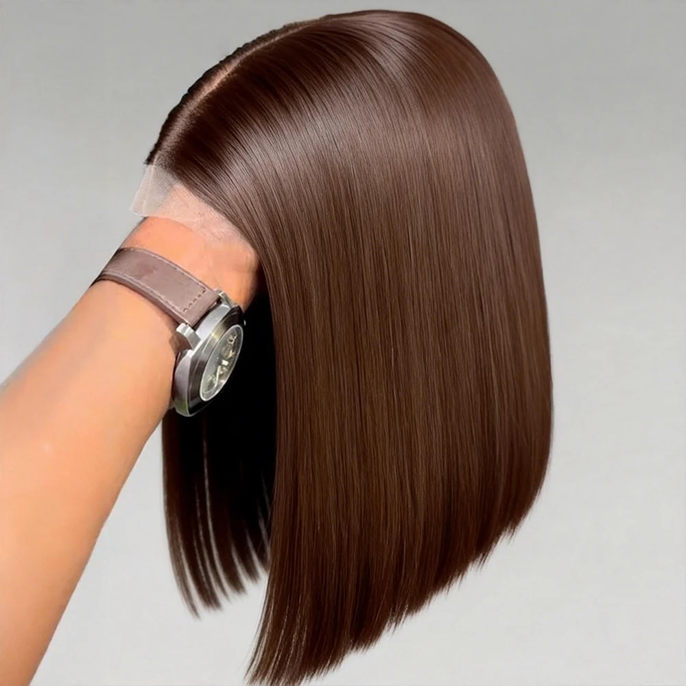 Perruque Cheveux Humains Dentelle frontale Sans Colle 16 Pouces Brun Chocolat Lisse Bob Court 13x4 HD Ariana
