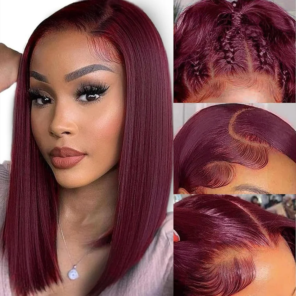 Perruques bob droites bordeaux 99J, sans colle, en cheveux humains avec dentelle frontale 13x4, pour femmes, couleur rouge Alizée – Image 6