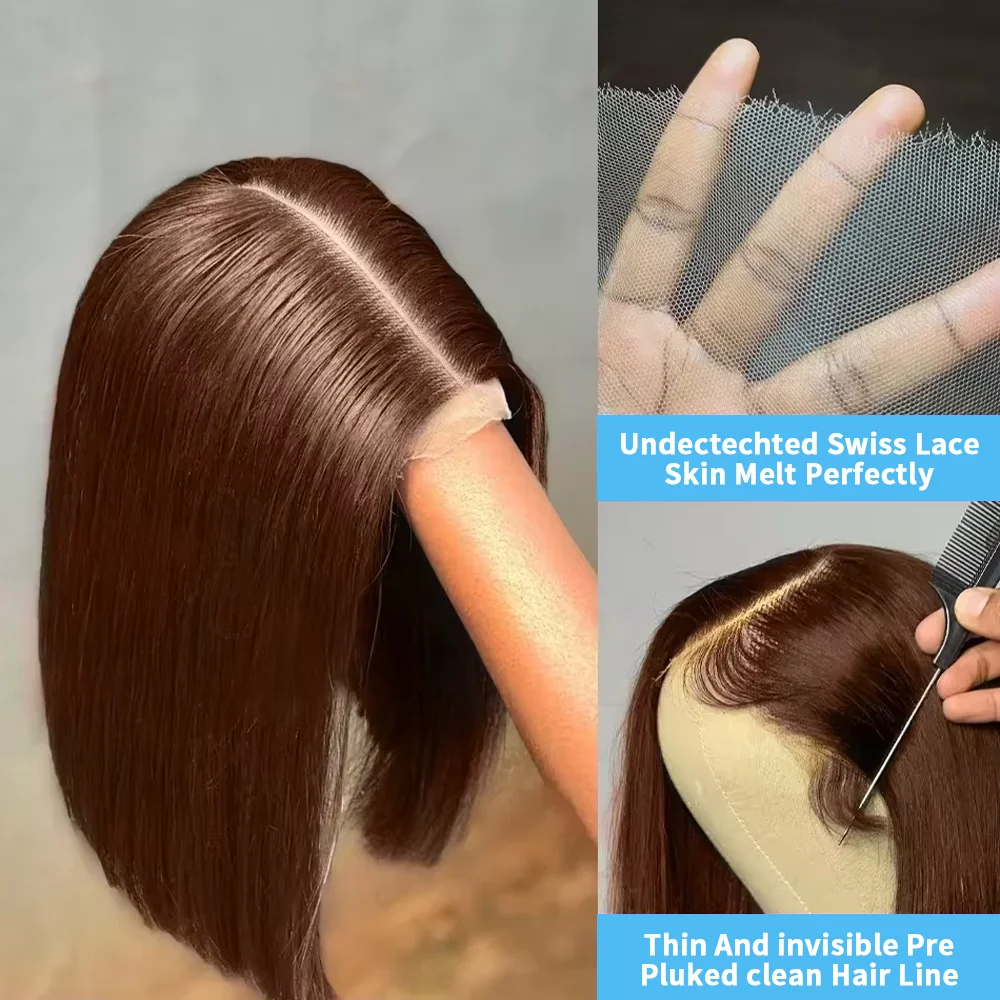 Perruques Bob brésiliennes droites brune 7x5 sans colle 100% cheveux humains # 4 13x4 HD Alyson – Image 3