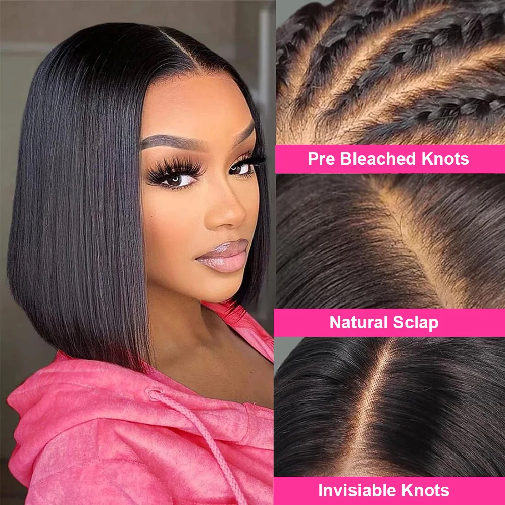 Perruque Lisse Sans Colle En Cheveux Humains Brésiliens Coupe Bob Dentelle Pré-Découpée 13x4 5x7 Prêtes à Porter Densité 220% Couleur Noire Ambre – Image 10