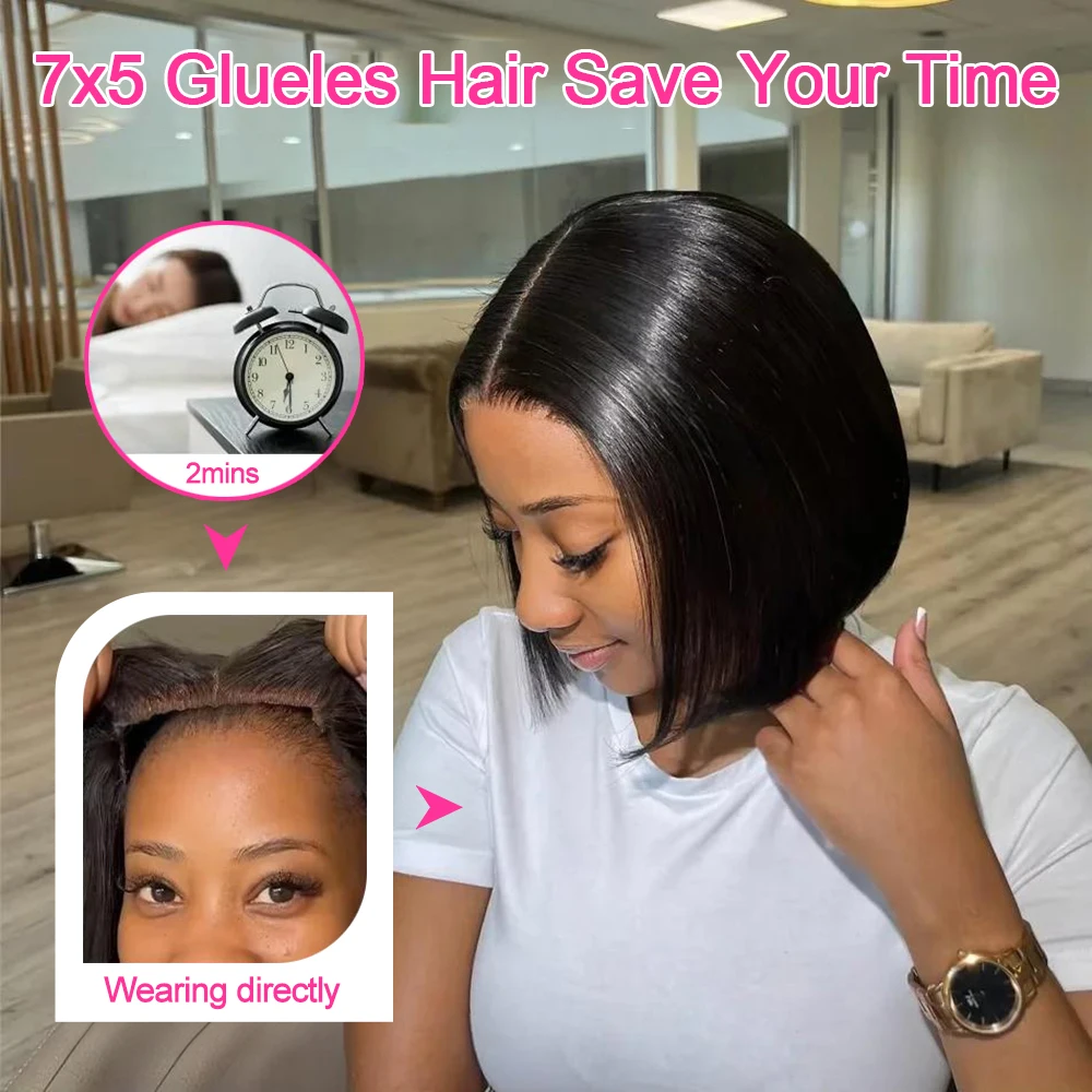 Perruque Lisse Sans Colle En Cheveux Humains Brésiliens Coupe Bob Dentelle Pré-Découpée 13x4 5x7 Prêtes à Porter Densité 220% Couleur Noire Ambre – Image 2