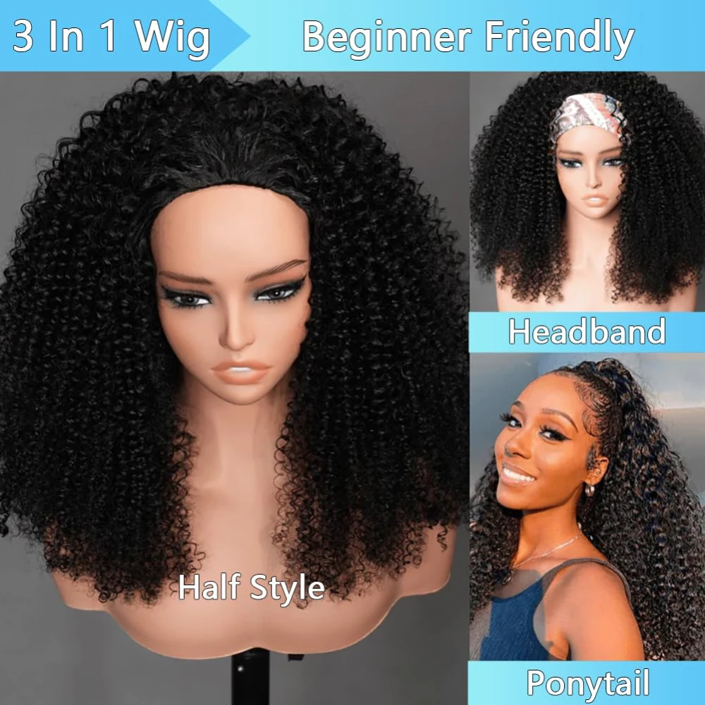 Perruque demi-tête 200% de densité, cheveux Remy, perruque à bandeau en cheveux humains bouclés, mise à niveau sans colle, clip 3 en 1, noir – Image 2