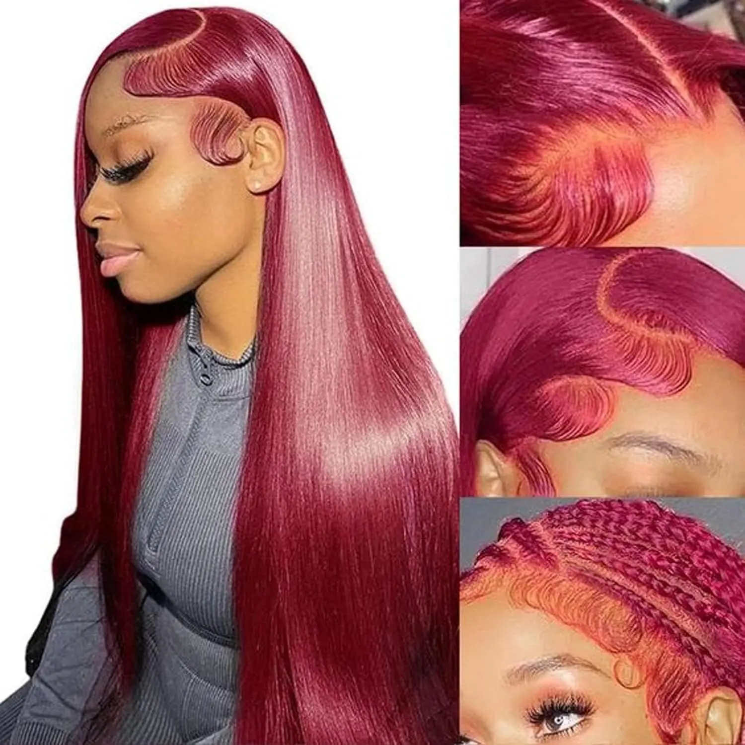 Perruques Lace Front Ombrées en Cheveux Humains pour Femmes, Mèches 4/27, Densité 200, 13x4, Bourgogne 99J Athénaïs – Image 9