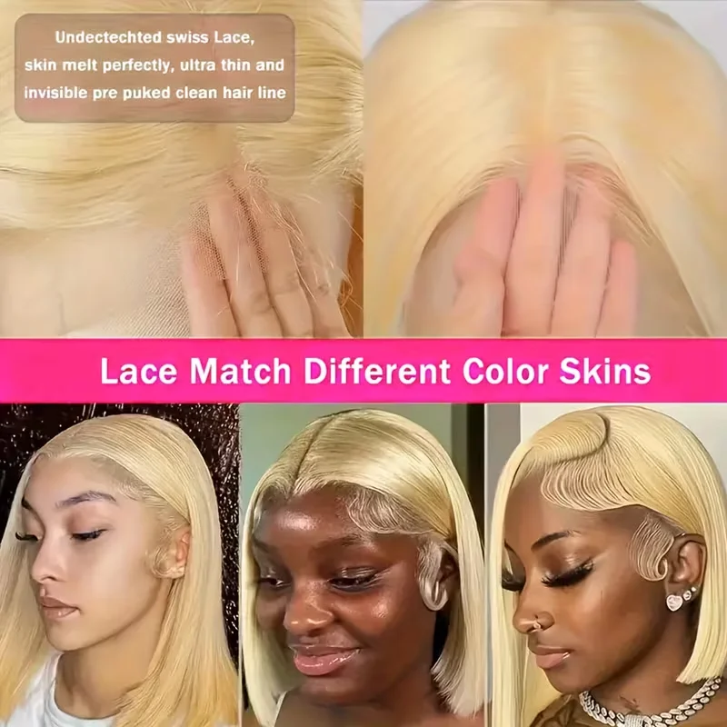 Perruques Courte Blonde 613 Bob de 8 à 14 Pouces en Cheveux Humains avec Dentelle Frontale pour Femmes, Densité 200, Carrie – Image 4