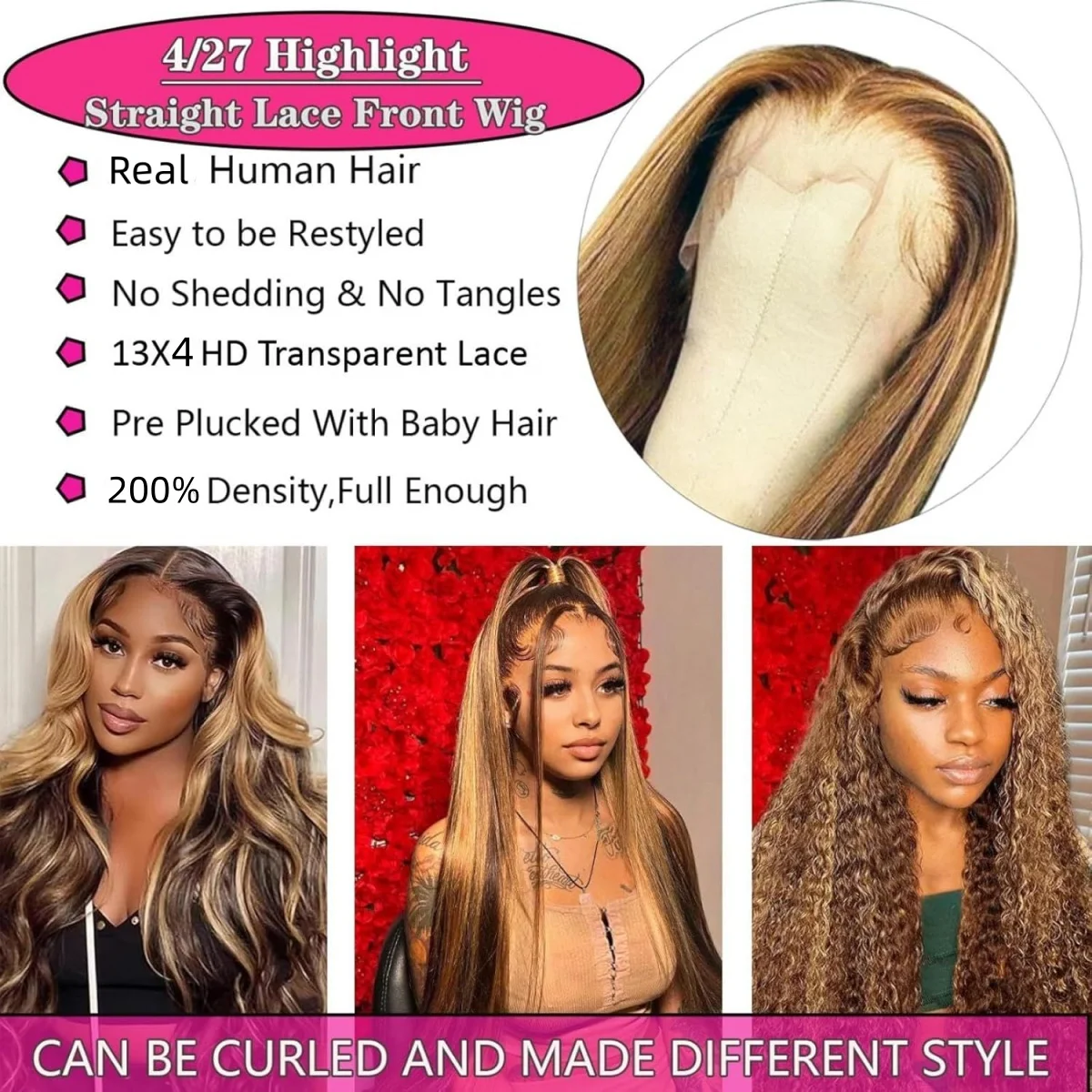 Perruques Lace Front Ombrées en Cheveux Humains pour Femmes, Mèches 4/27, Densité 200, 13x4, Bourgogne 99J Athénaïs – Image 5