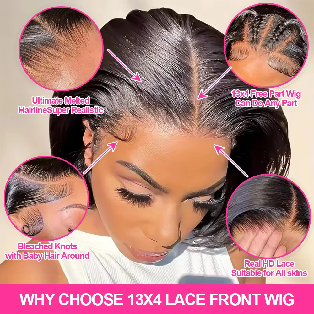 13x6 Perruque BOB Courte Lisse Cheveux Humain Brésiliens Naturelle Femme 13x4 Transparent Lace – Image 3