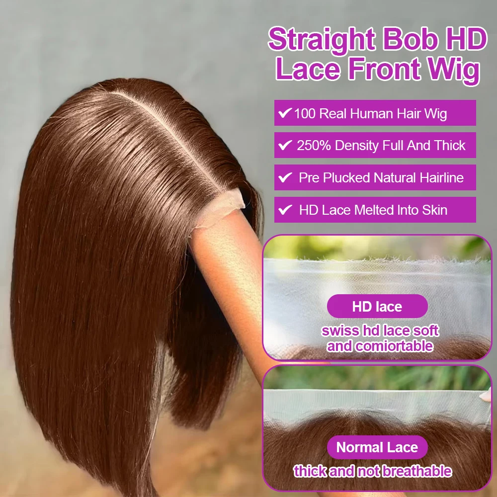 Perruque Cheveux Humains Dentelle frontale Sans Colle 16 Pouces Brun Chocolat Lisse Bob Court 13x4 HD Ariana – Image 4