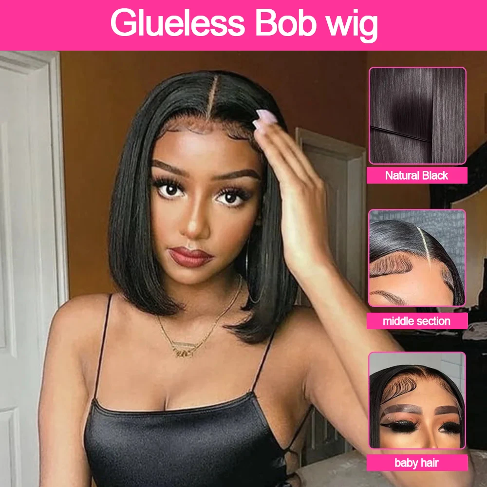 Perruque Lisse Sans Colle En Cheveux Humains Brésiliens Coupe Bob Dentelle Pré-Découpée 13x4 5x7 Prêtes à Porter Densité 220% Couleur Noire Ambre – Image 9