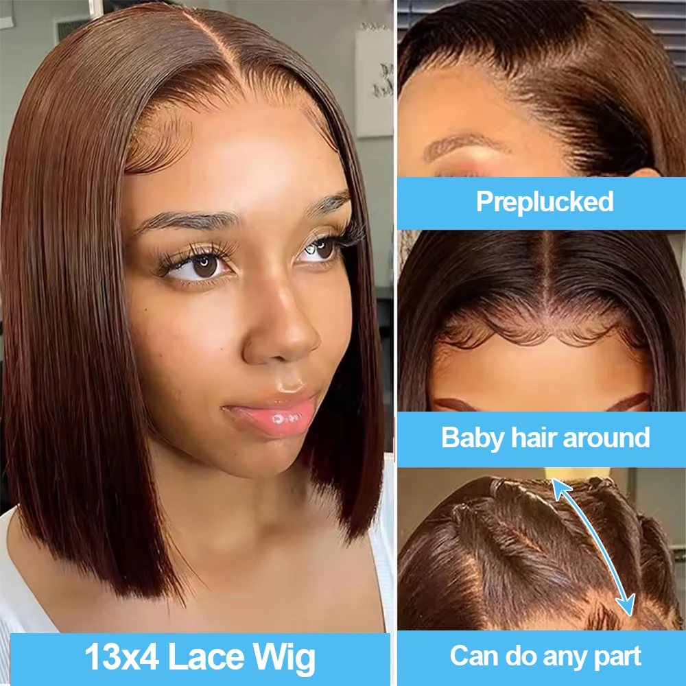 Perruques Bob brésiliennes droites brune 7x5 sans colle 100% cheveux humains # 4 13x4 HD Alyson – Image 4