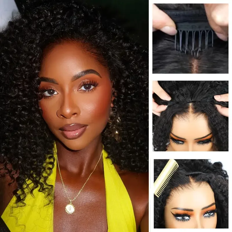 3 en 1 demi perruque débutante sans colle cheveux humains frisés noirs avec cordon de serrage 180 200 densité Anita – Image 2