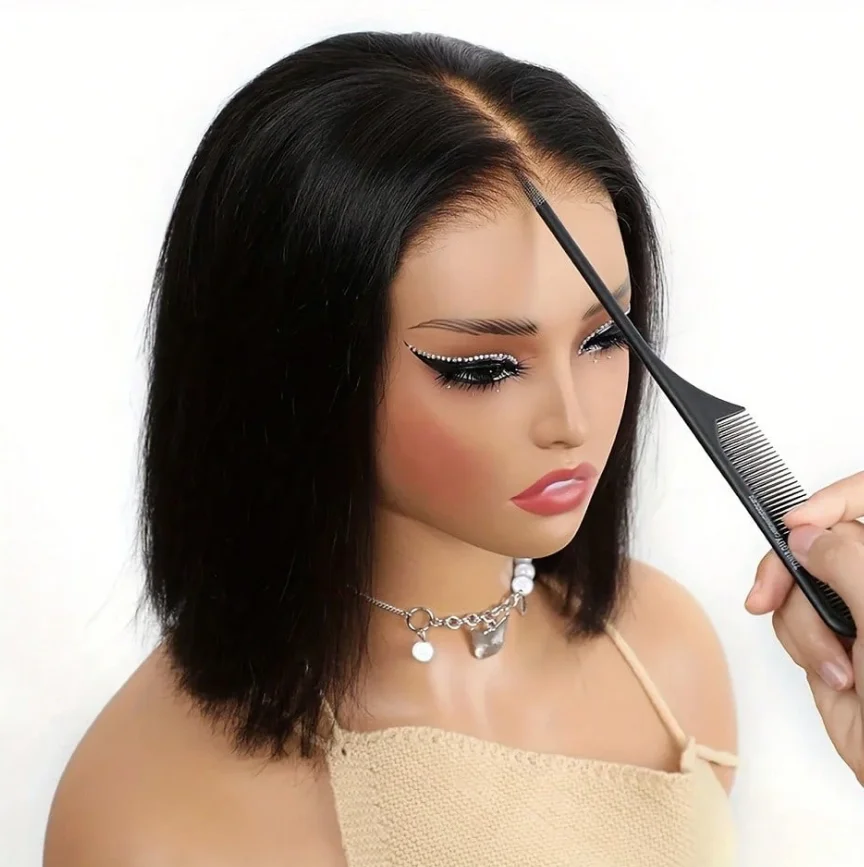 Perruque Lisse Sans Colle En Cheveux Humains Brésiliens Coupe Bob Dentelle Pré-Découpée 13x4 5x7 Prêtes à Porter Densité 220% Couleur Noire Ambre
