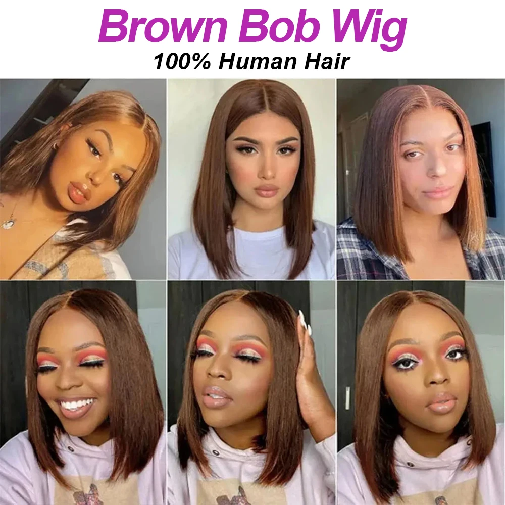 Perruque Lace Front Bob courte, lisse et soyeuse vietnamienne, cheveux naturels brun chocolat, sans colle, tressée, Hd, pour femmes Anastasia – Image 9
