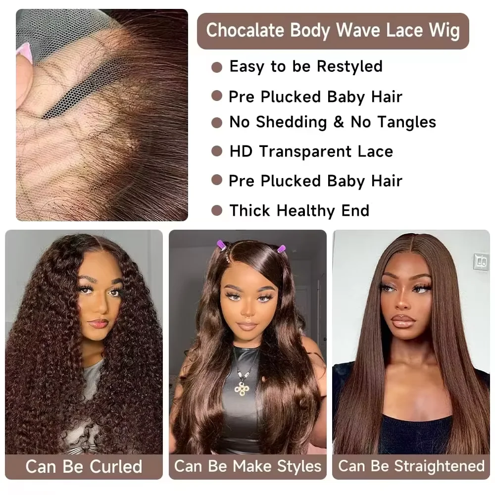 Perruque longue ondulée 13x6 chocolat brun HD dentelle cheveux humains 46 pouces 200 densité femmes Astrid – Image 4