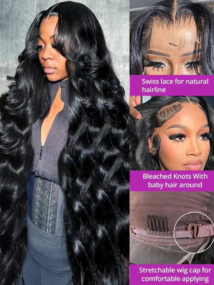 Perruque noire ondulée en cheveux humains 200 densité 13x6 HD femme 30 40 pouces brésilienne – Image 3