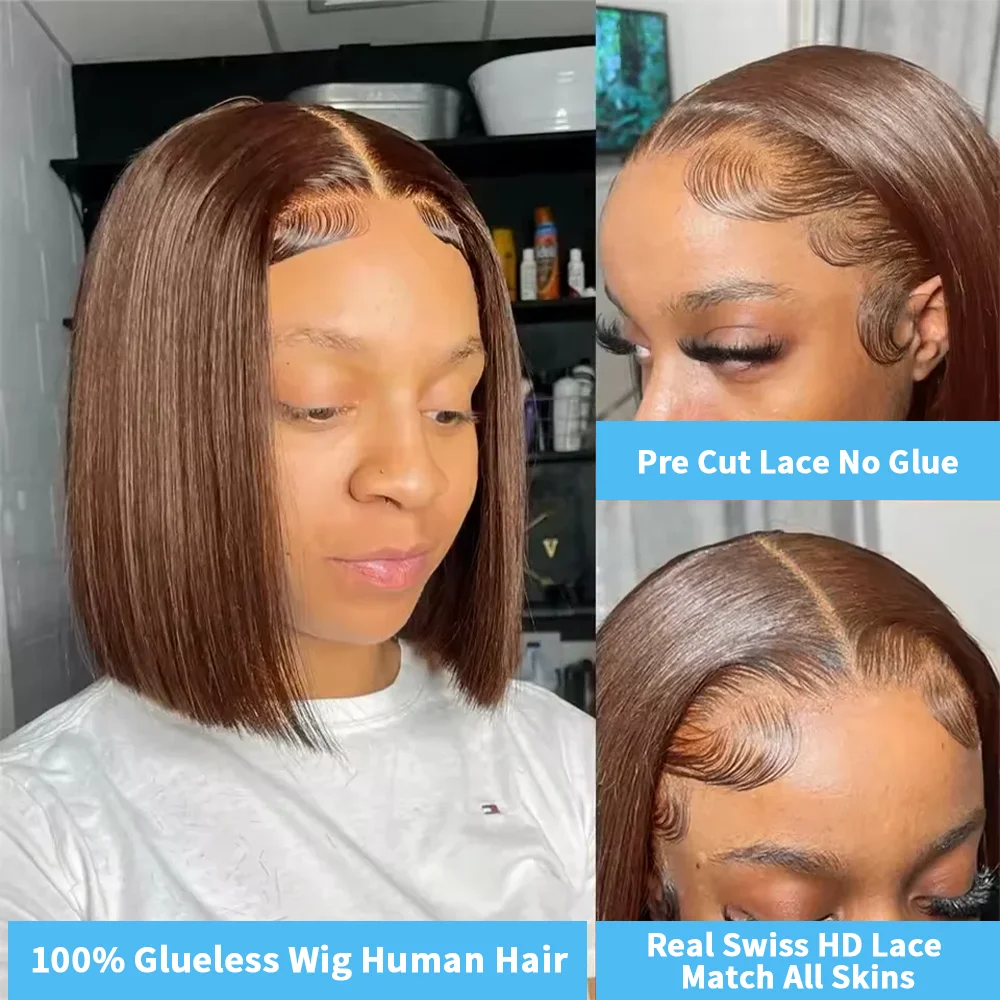Perruques Bob brésiliennes droites brune 7x5 sans colle 100% cheveux humains # 4 13x4 HD Alyson – Image 2