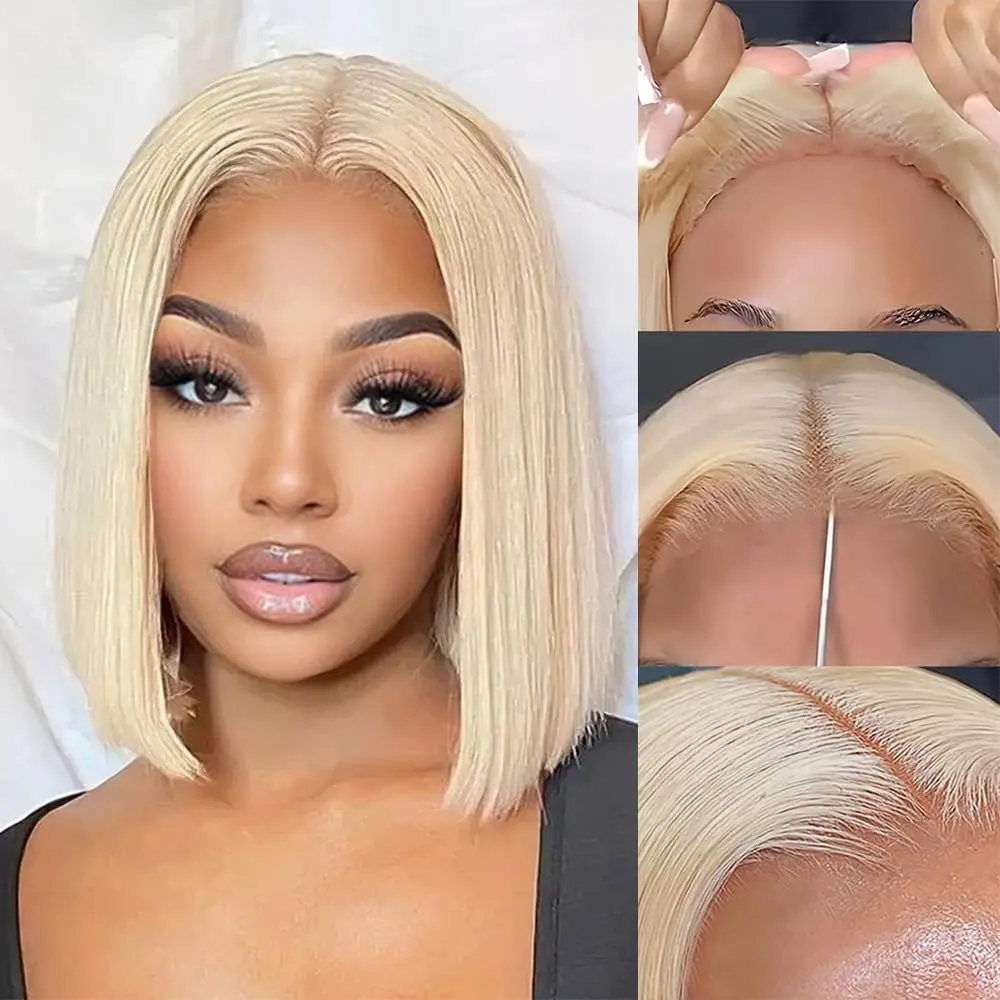Perruques Courte Blonde 613 Bob de 8 à 14 Pouces en Cheveux Humains avec Dentelle Frontale pour Femmes, Densité 200, Carrie – Image 10