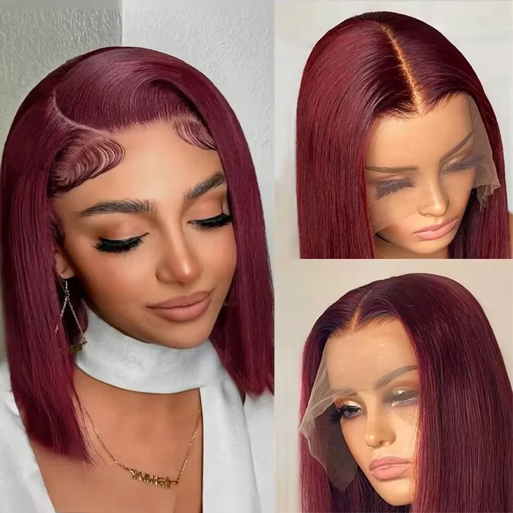 Perruques bob droites bordeaux 99J, sans colle, en cheveux humains avec dentelle frontale 13x4, pour femmes, couleur rouge Alizée – Image 3