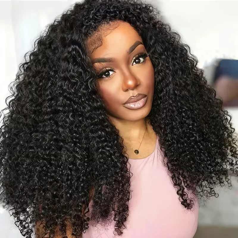 3 en 1 demi perruque débutante sans colle cheveux humains frisés noirs avec cordon de serrage 180 200 densité Anita