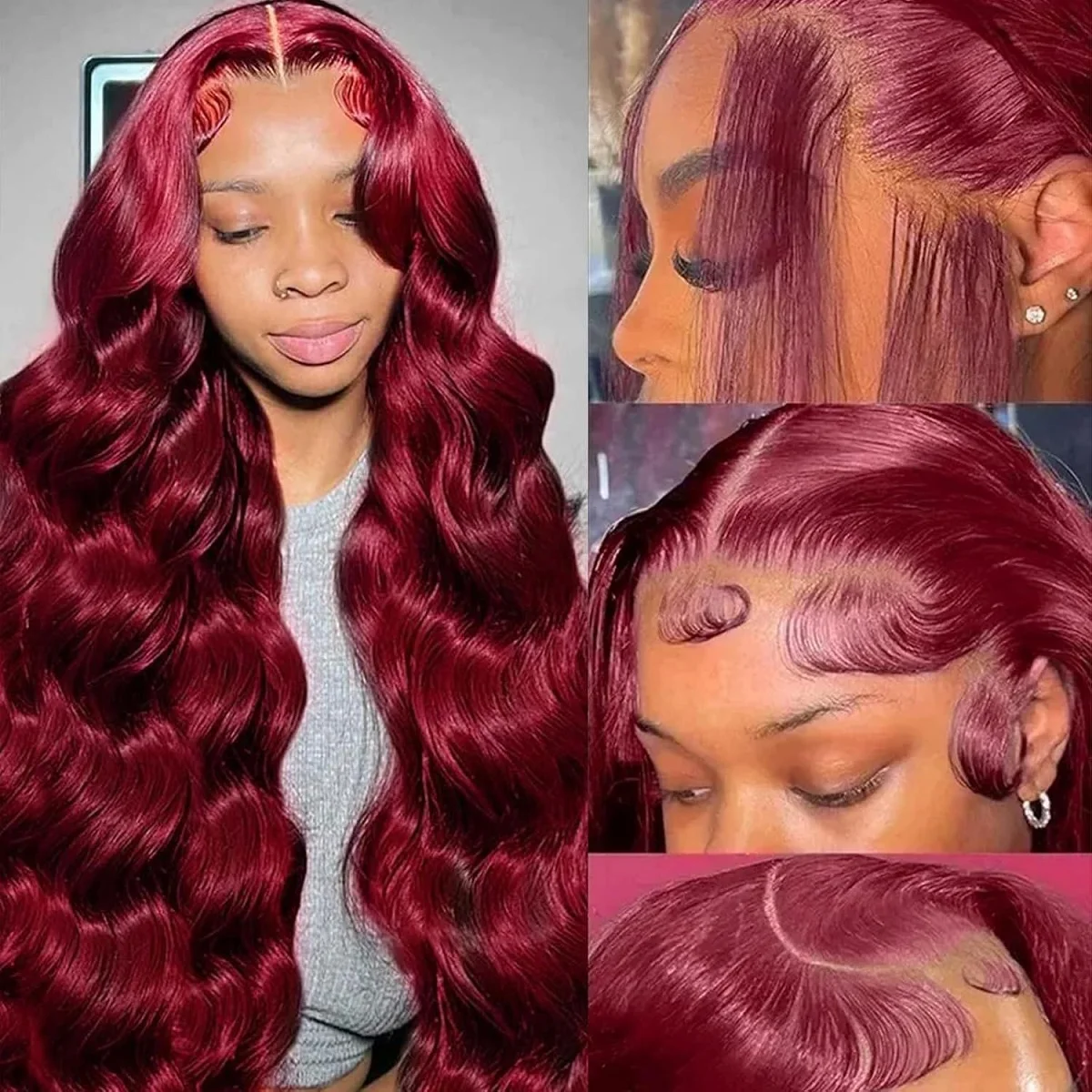 Perruques Body Wave Lace Front 99j Bourgogne en Cheveux Humains, 220% Densité 13x4, pour Femmes Aya – Image 7