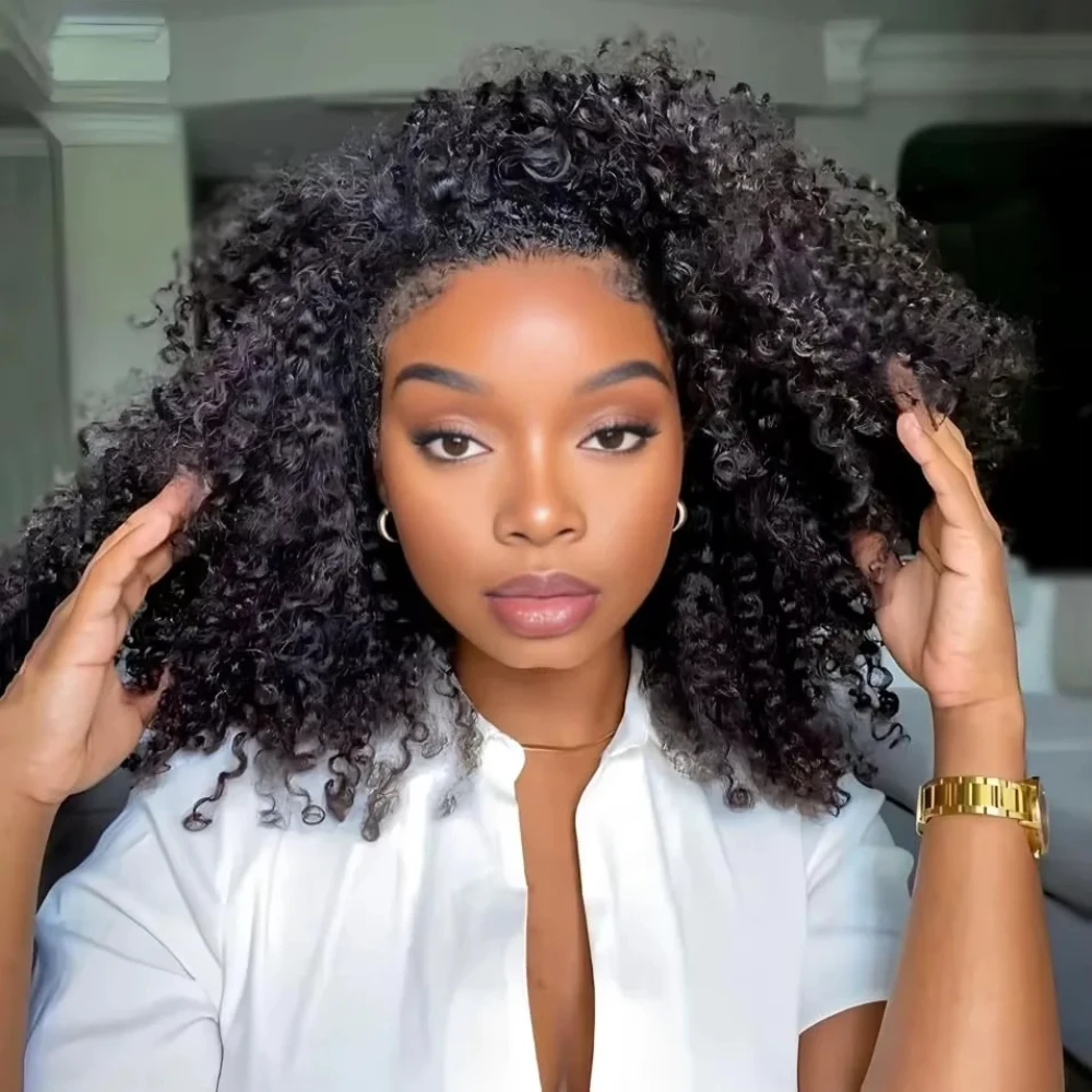 Perruque demi-tête 200% de densité, cheveux Remy, perruque à bandeau en cheveux humains bouclés, mise à niveau sans colle, clip 3 en 1, noir