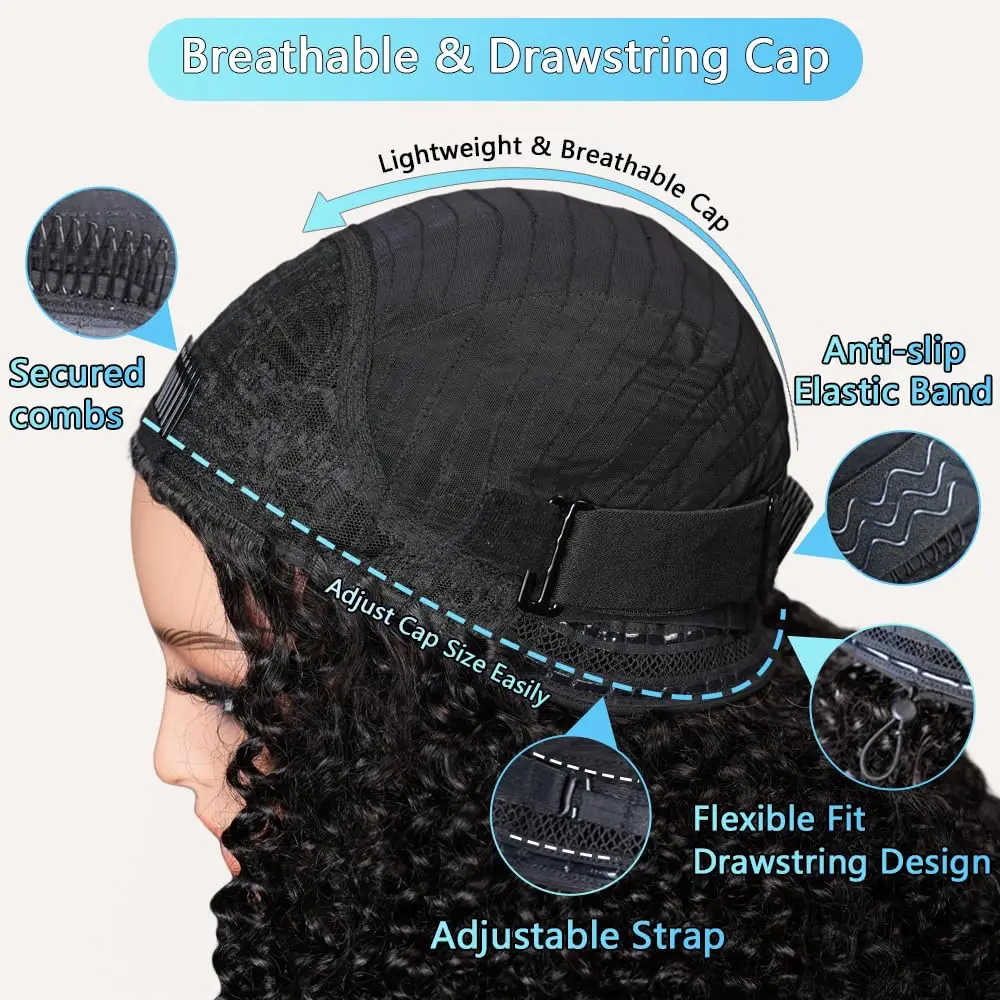 Perruque demi-tête 200% de densité, cheveux Remy, perruque à bandeau en cheveux humains bouclés, mise à niveau sans colle, clip 3 en 1, noir – Image 5