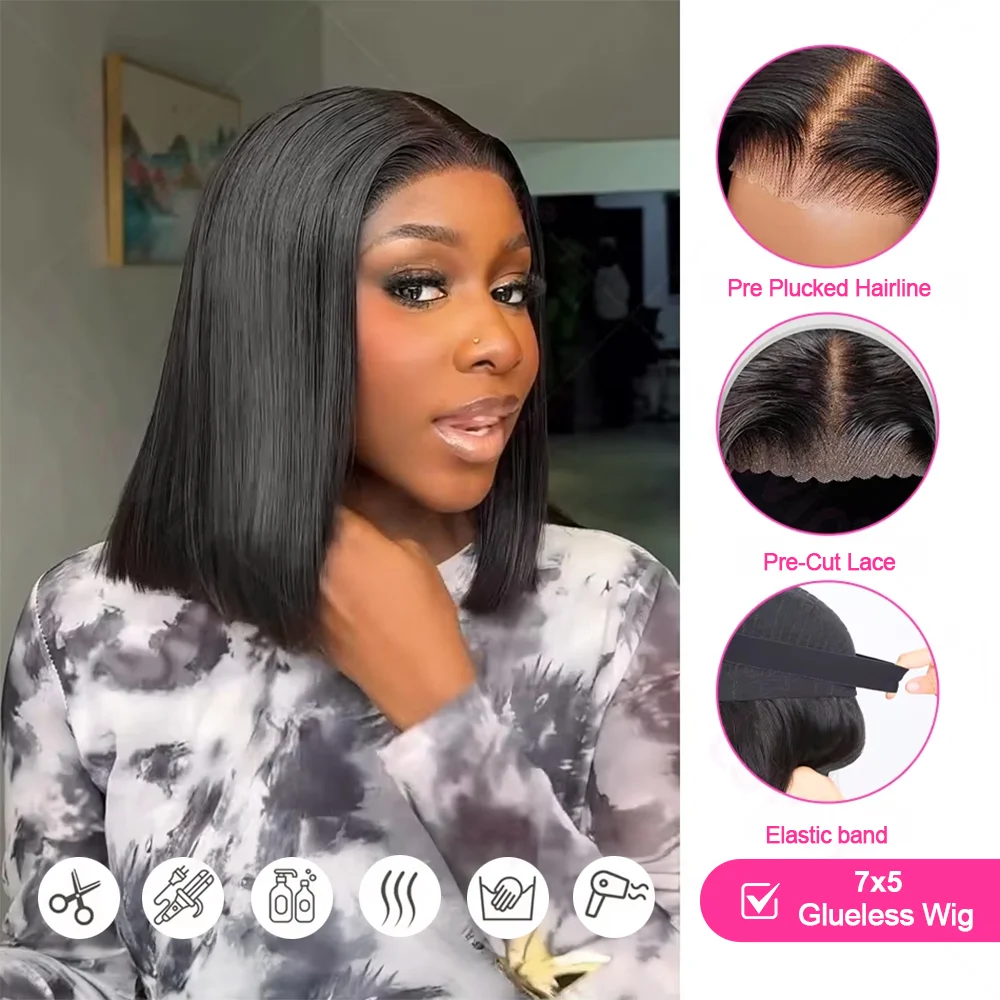 Perruque Lisse Sans Colle En Cheveux Humains Brésiliens Coupe Bob Dentelle Pré-Découpée 13x4 5x7 Prêtes à Porter Densité 220% Couleur Noire Ambre – Image 4