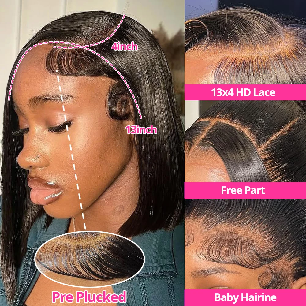 13x6 Perruque BOB Courte Lisse Cheveux Humain Brésiliens Naturelle Femme 13x4 Transparent Lace – Image 4