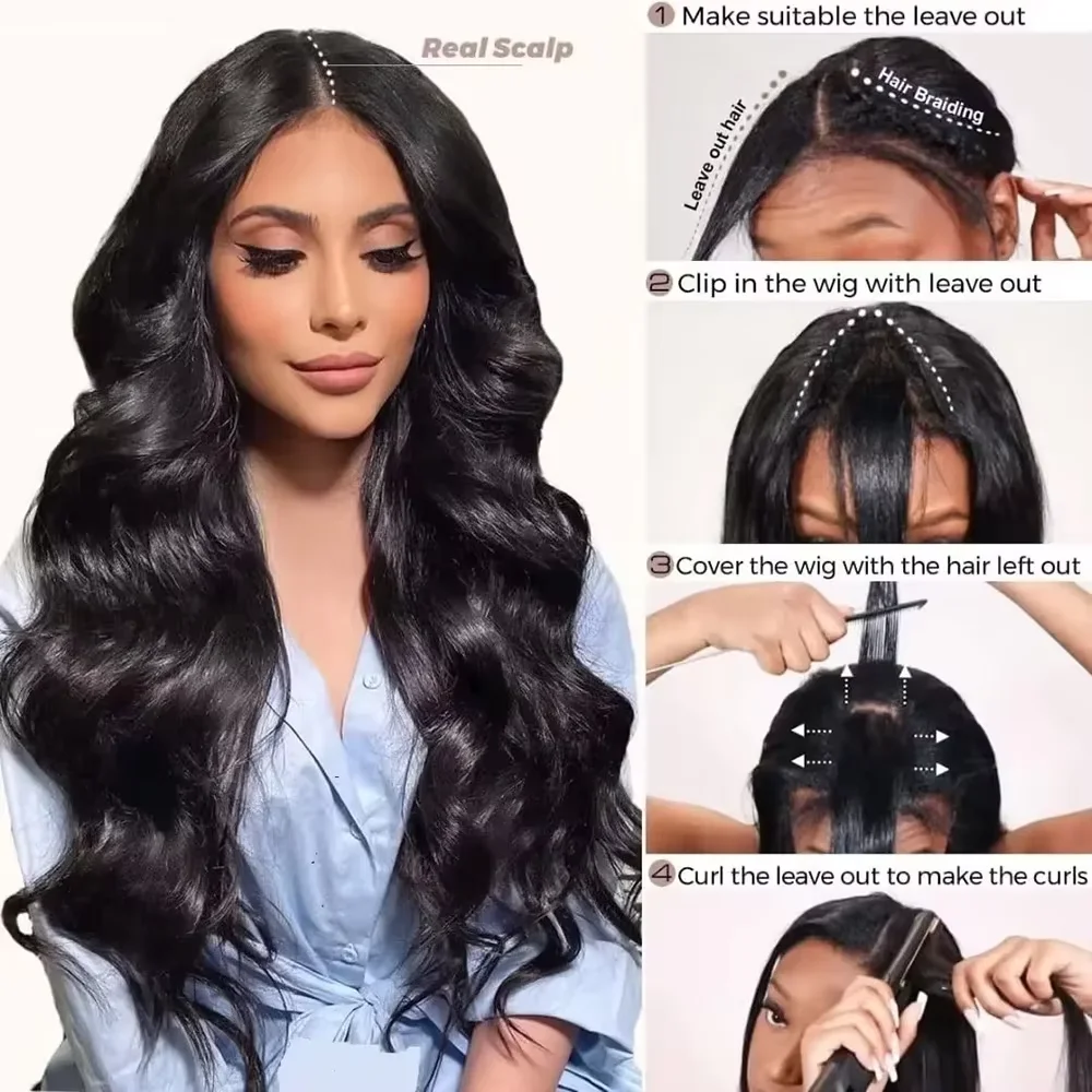 Perruque longue V-Part en Cheveux Humains Ondulés pour Femmes, Densité 220, Noire, Modèle Amélioré, 28-32 Pouces Adèle – Image 5