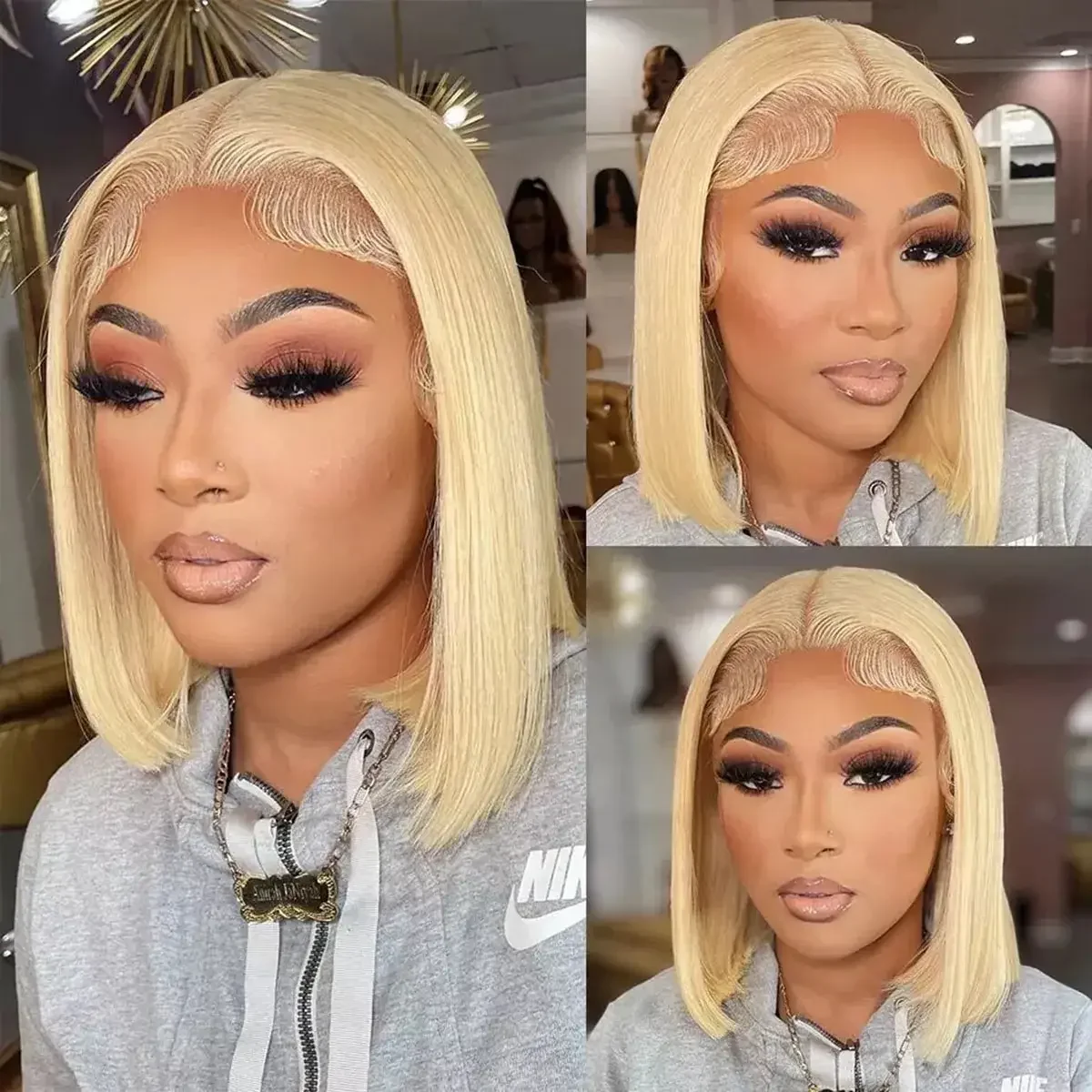 Perruques Courte Blonde 613 Bob de 8 à 14 Pouces en Cheveux Humains avec Dentelle Frontale pour Femmes, Densité 200, Carrie – Image 2
