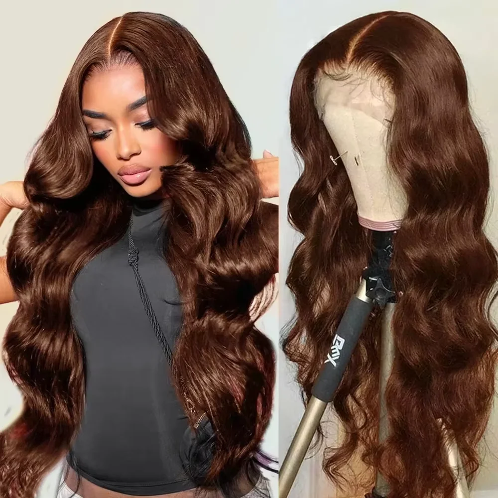 Perruque longue ondulée 13x6 chocolat brun HD dentelle cheveux humains 46 pouces 200 densité femmes Astrid
