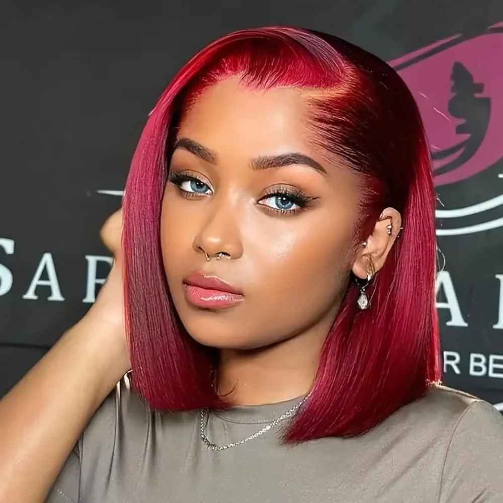 Perruques bob droites bordeaux 99J, sans colle, en cheveux humains avec dentelle frontale 13x4, pour femmes, couleur rouge Alizée