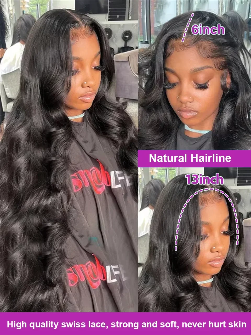 Perruque noire ondulée en cheveux humains 200 densité 13x6 HD femme 30 40 pouces brésilienne – Image 4