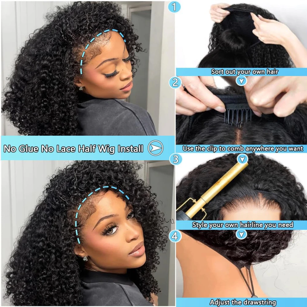 Perruque demi-tête 200% de densité, cheveux Remy, perruque à bandeau en cheveux humains bouclés, mise à niveau sans colle, clip 3 en 1, noir – Image 3