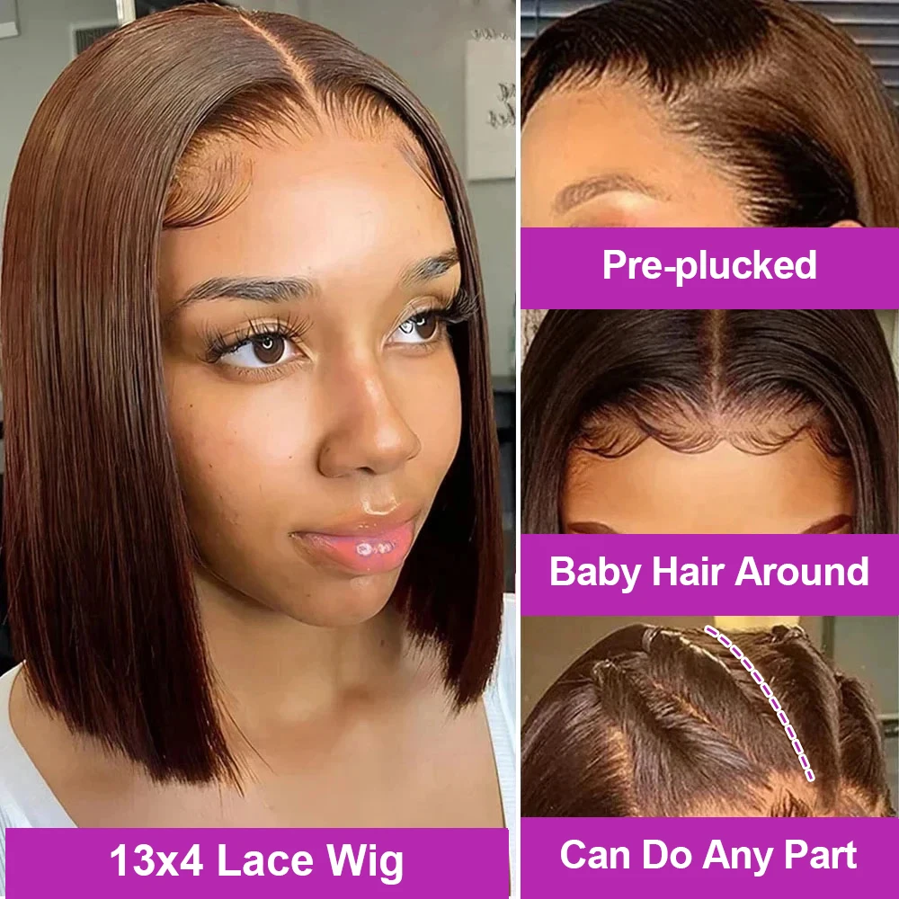 Perruque Lace Front Bob courte, lisse et soyeuse vietnamienne, cheveux naturels brun chocolat, sans colle, tressée, Hd, pour femmes Anastasia – Image 2