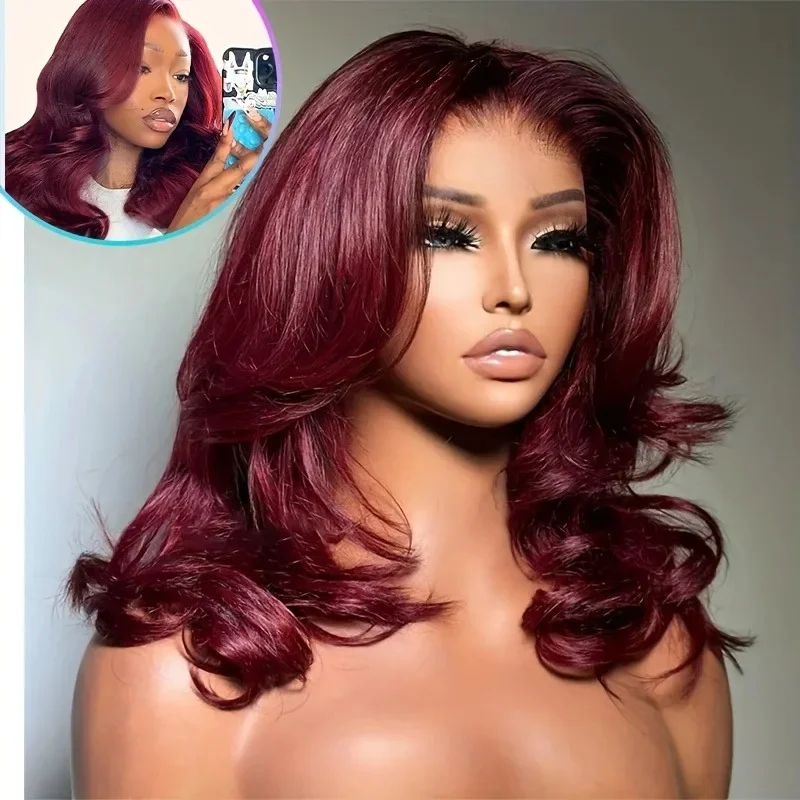 Perruques Body Wave Lace Front 99j Bourgogne en Cheveux Humains, 220% Densité 13x4, pour Femmes Aya