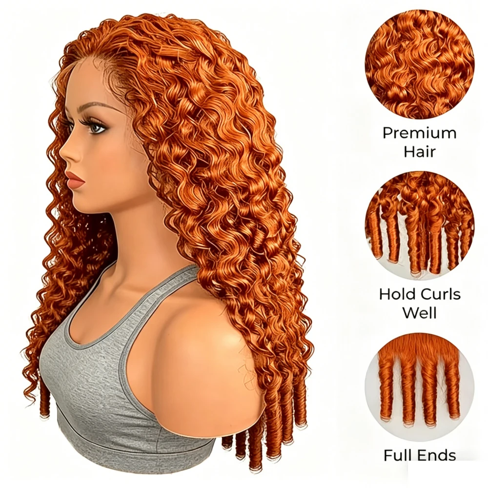 Perruque en cheveux humains bouclés birmans Nneka vietnamiens, couleur gingembre orange, en dentelle HD 13x6 colorée 350, Augustine – Image 3