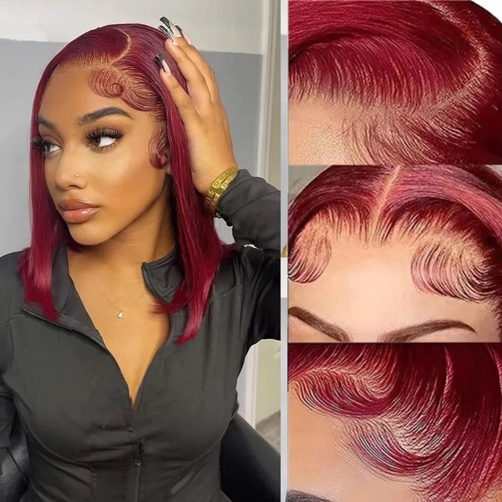 Perruques bob droites bordeaux 99J, sans colle, en cheveux humains avec dentelle frontale 13x4, pour femmes, couleur rouge Alizée – Image 4