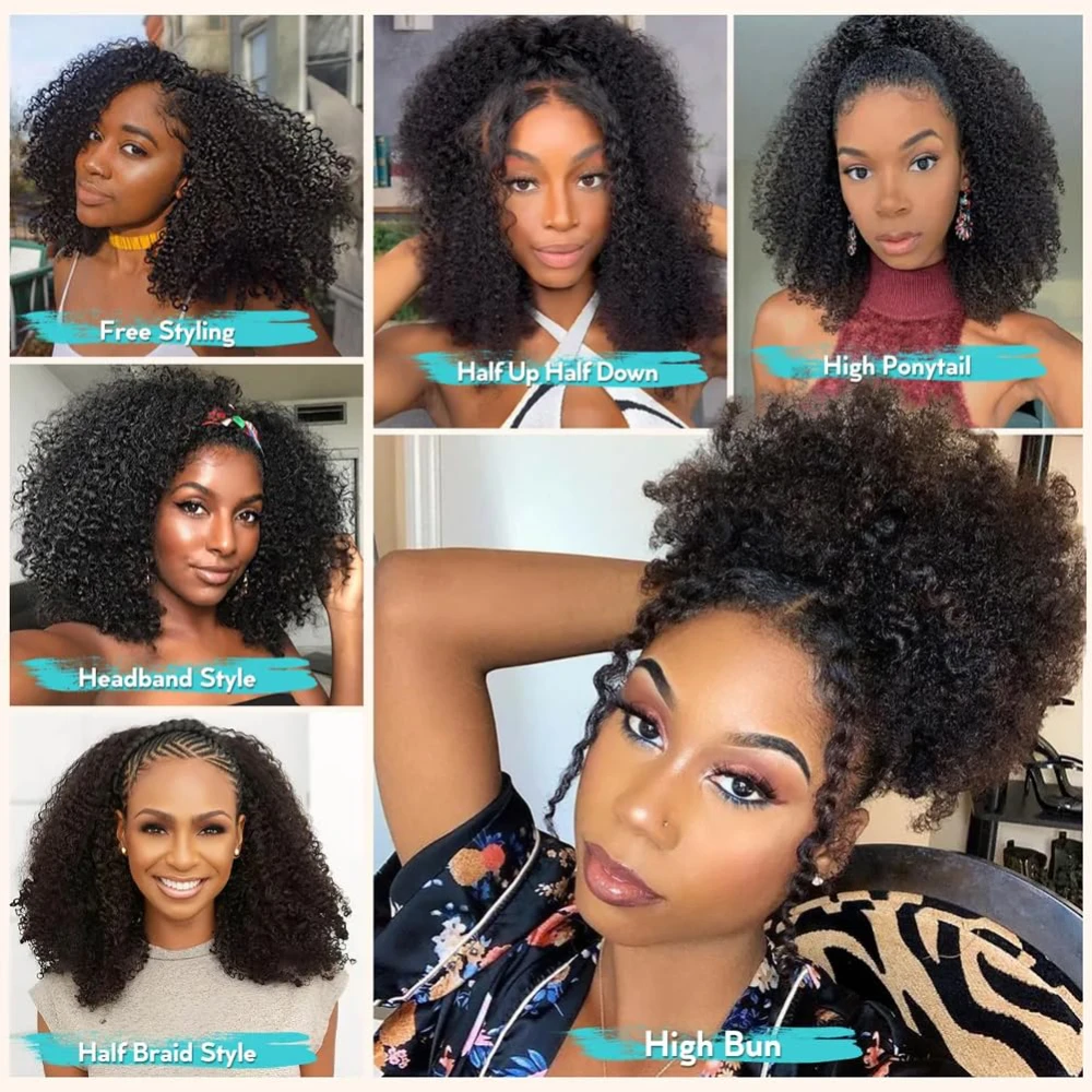 Perruque demi-tête 200% de densité, cheveux Remy, perruque à bandeau en cheveux humains bouclés, mise à niveau sans colle, clip 3 en 1, noir – Image 6