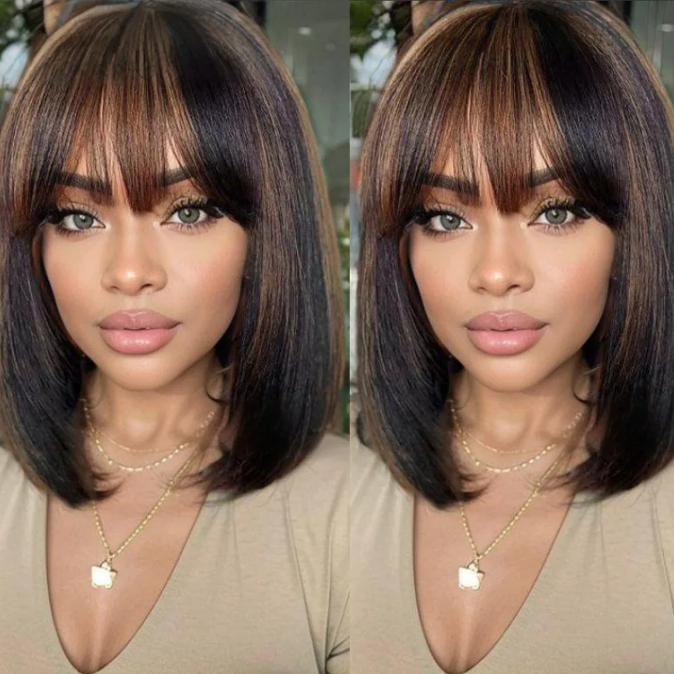 Perruque Lace naturelle brésilienne sans colle, cheveux courts à reflets blonds, 3x1, prêt à l'emploi, P1B/30, lisse, avec frange, pour femmes – Image 9