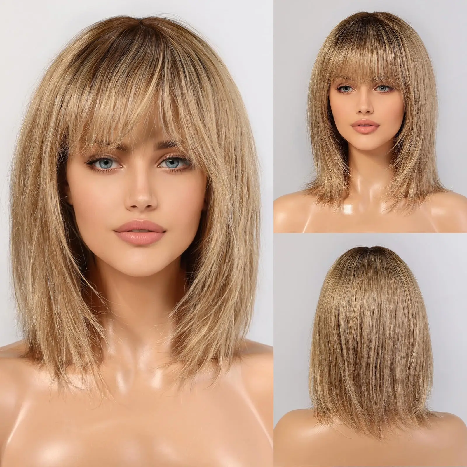 Perruque de cheveux humains Remy 100% naturels lisses, blond doré ombré, 12 pouces, avec frange Bérénice