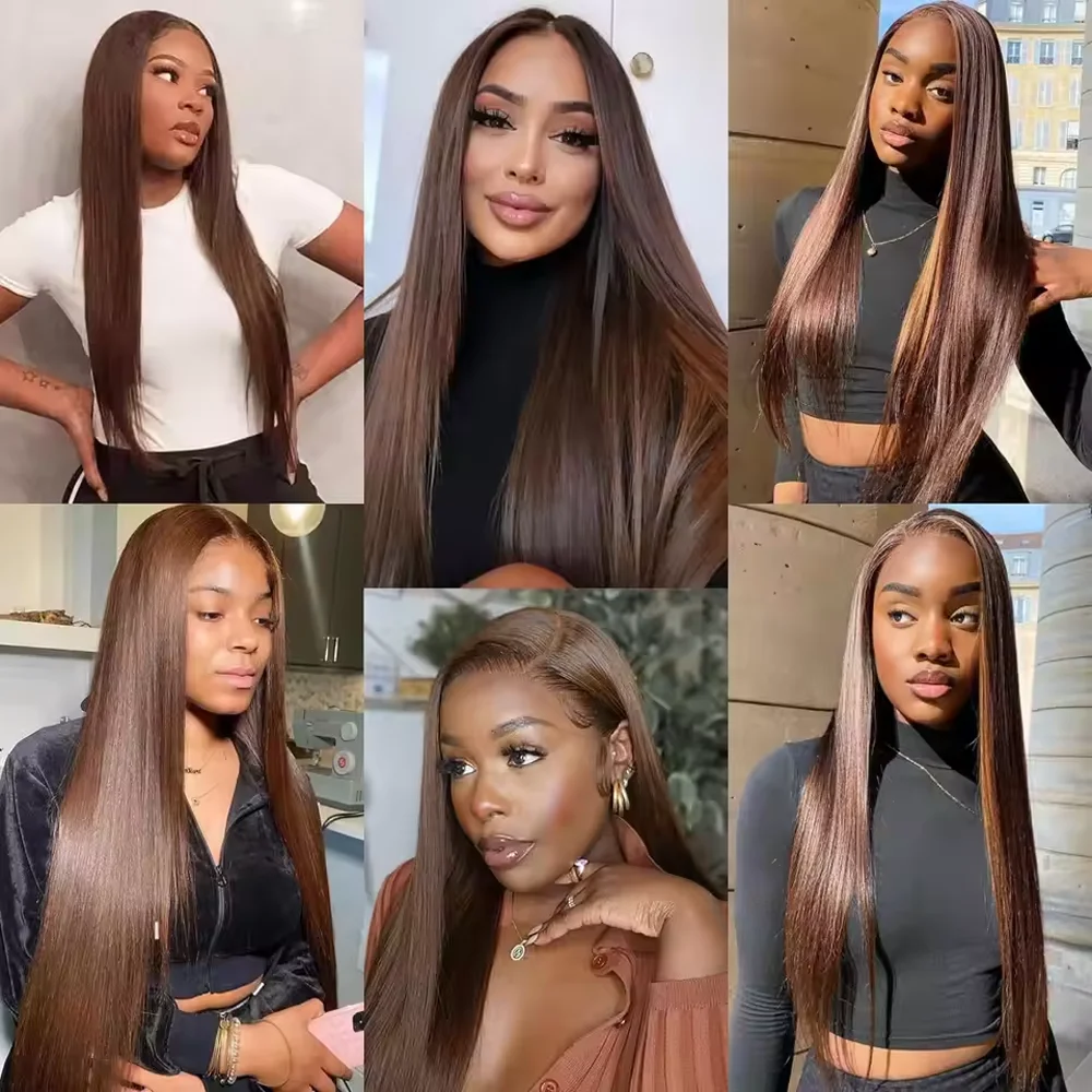 Magnifique perruque cheveux humains longs lisse brun chocolat avec dentelle frontale HD 13x6, densité 200, pour femmes Alma – Image 5